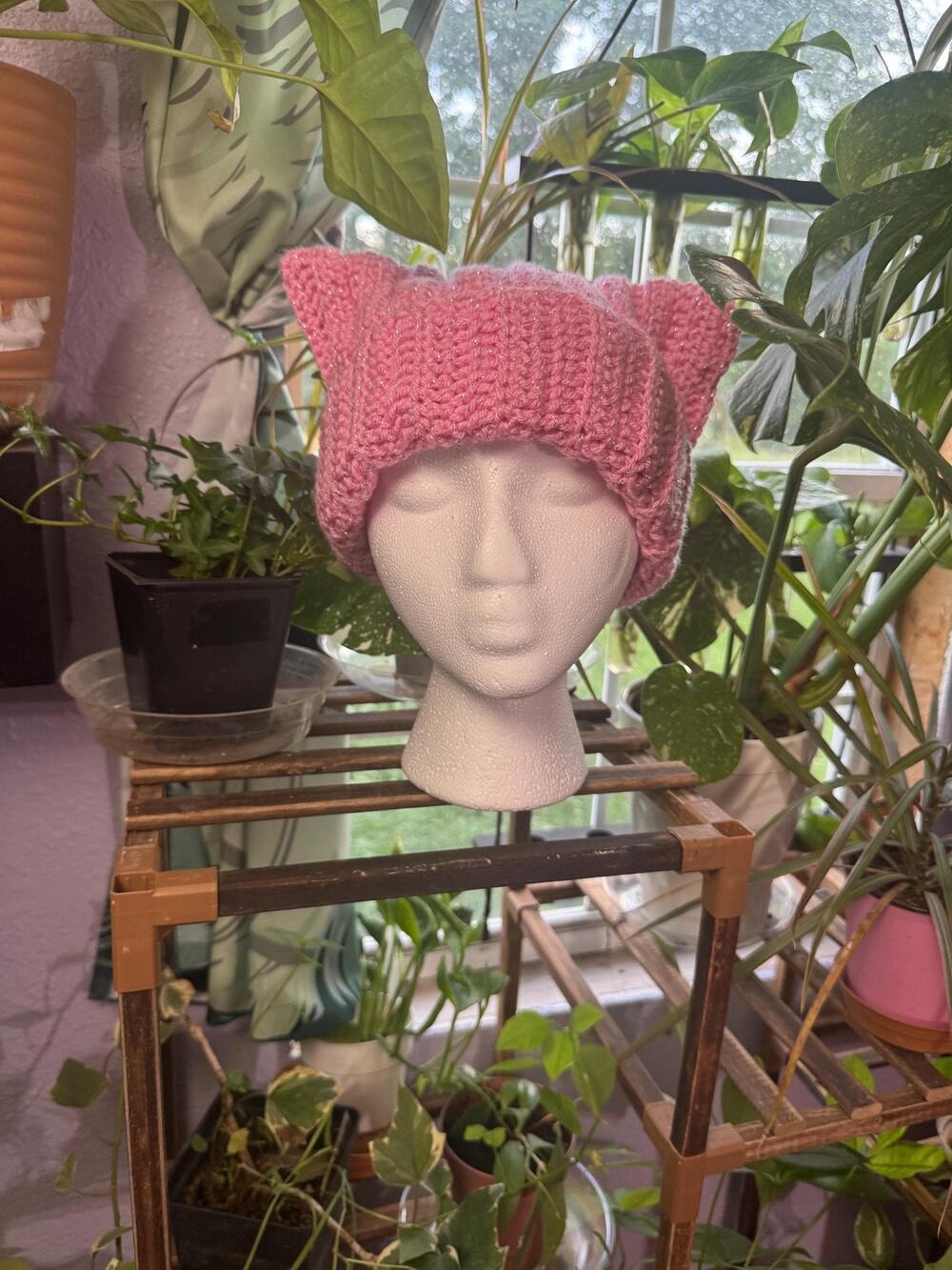 Handmade Pink Crochet Cat Ear Beanie | Sparkle Yarn, Kawaii Winter Hat